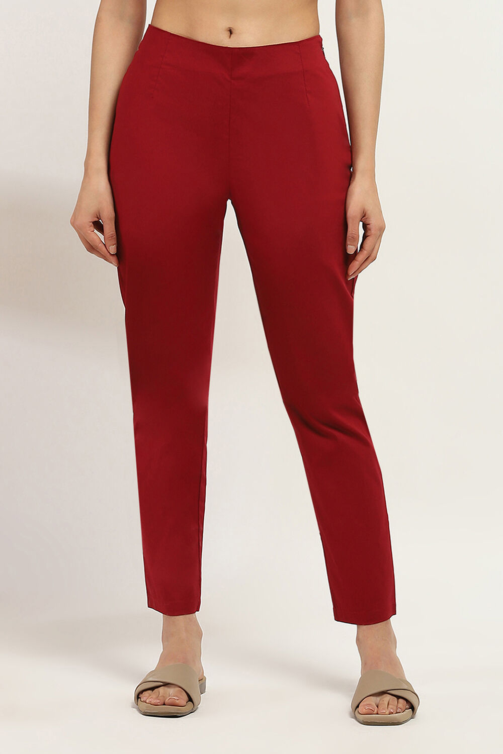 Maroon Cotton Solid Regular Pants image number 5
