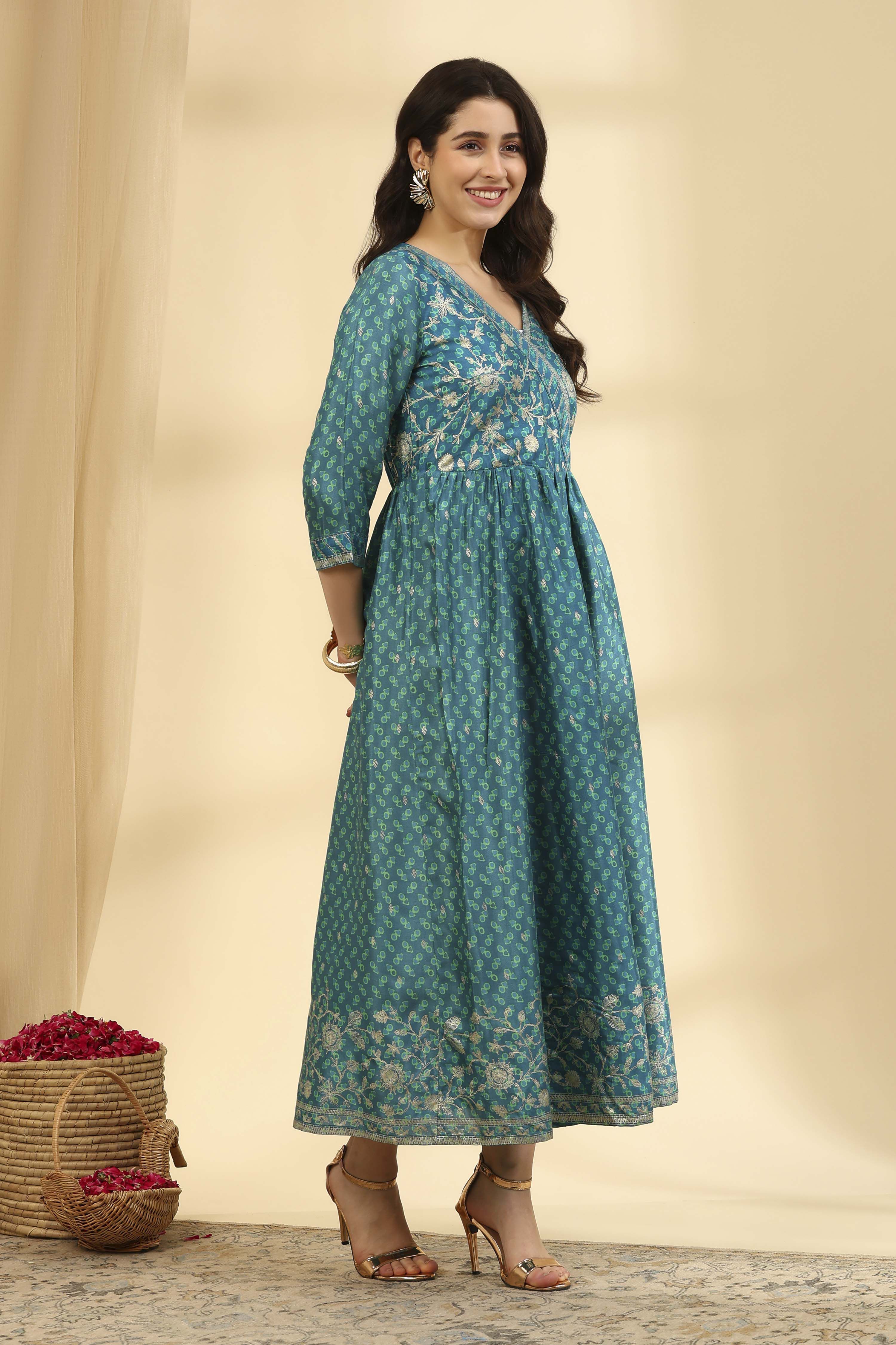 Teal Printed Viscose Blend Ethnic Dress image number 3