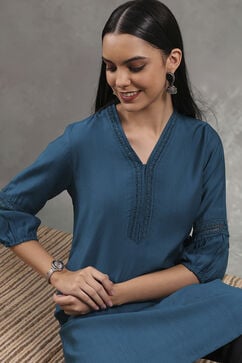 Teal Viscose Blend Solid Straight Kurta image number 6