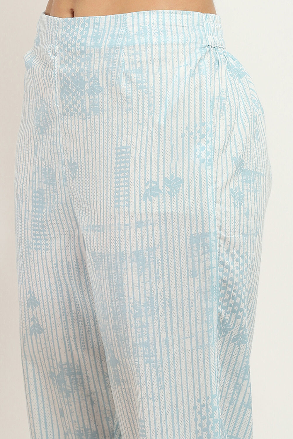 White and Blue Cotton Printed Regular Pants image number 1