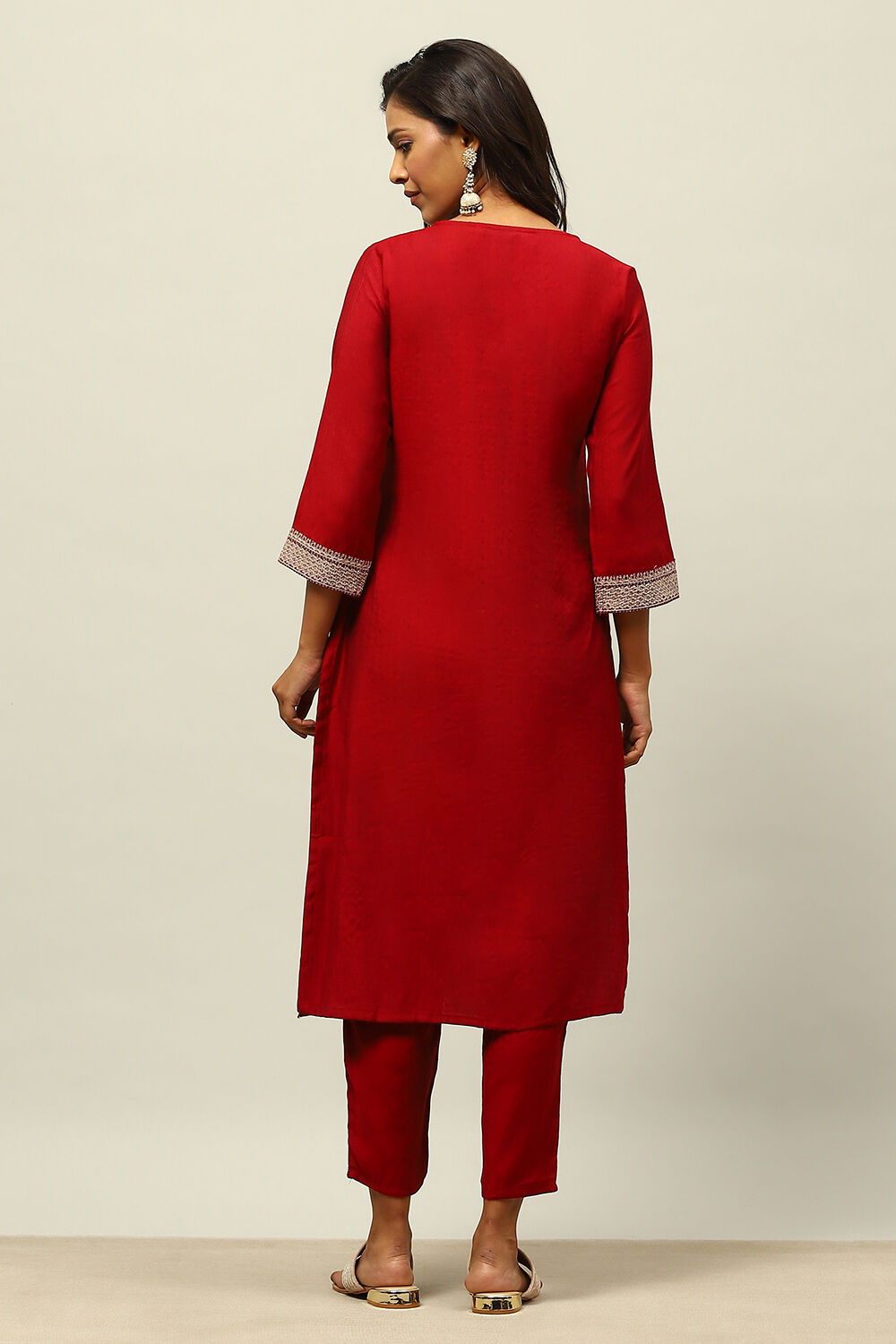 Maroon Viscose Blend Straight Embroidered Kurta Palazzo Suit Set image number 4