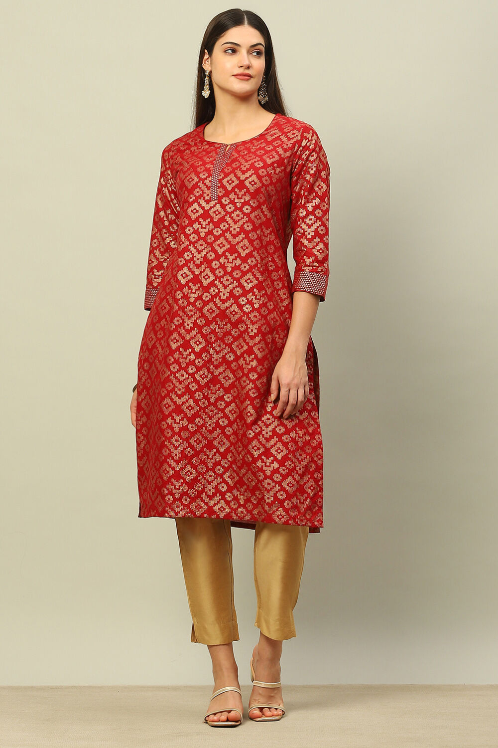 Maroon Cotton Printed Straight Kurta image number 0