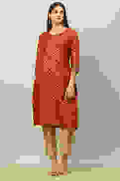 Maroon Cotton Printed Straight Kurta image number 0