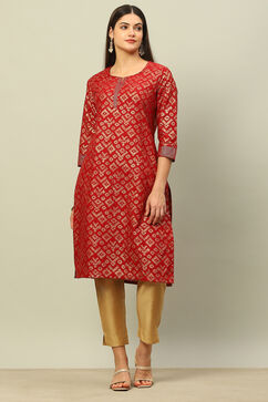 Red Cotton Printed Straight Kurta image number 0