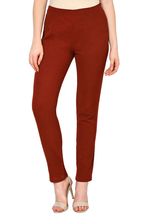 Maroon Cotton Slim Pants image number 0