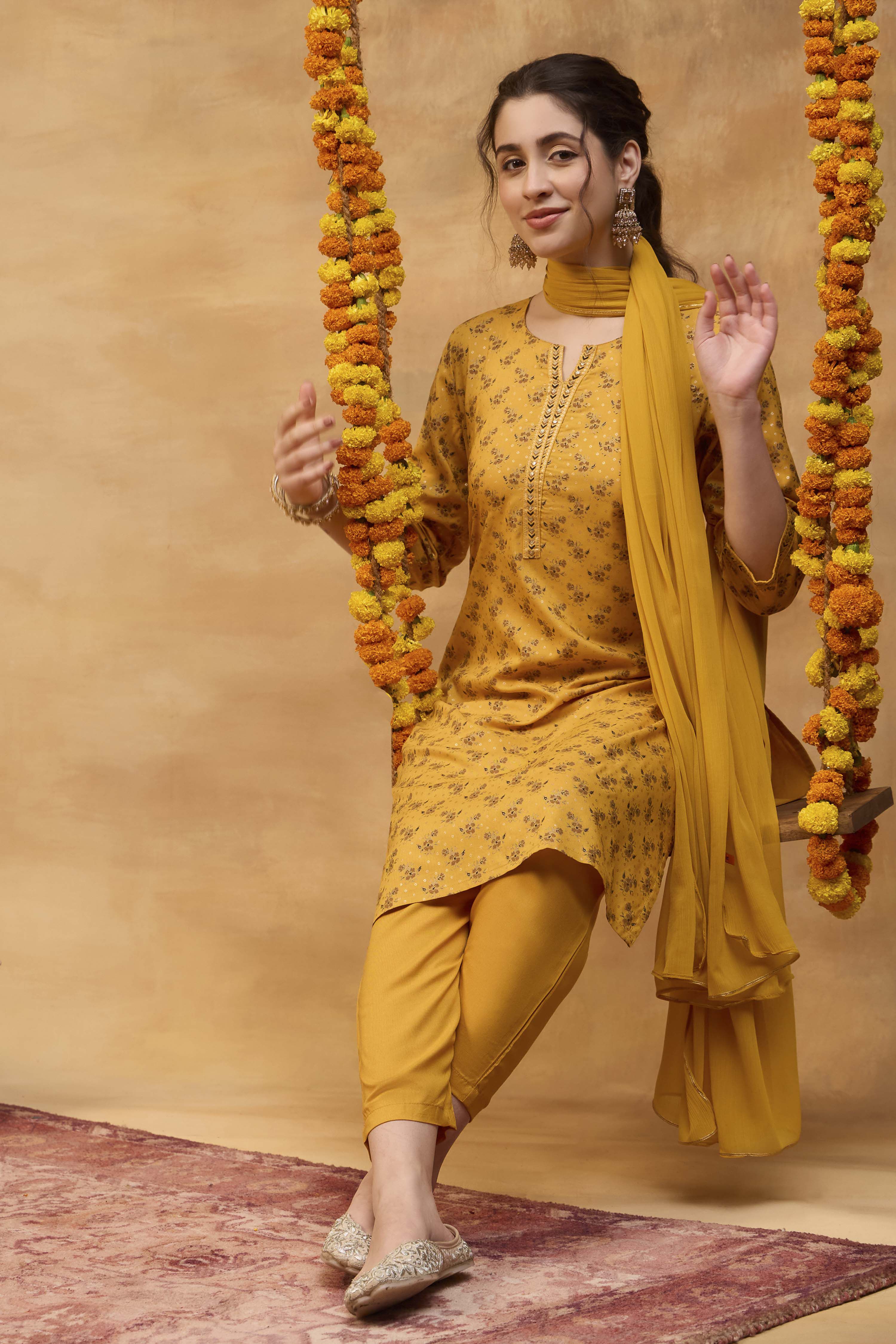 Yellow Viscose Rayon Straight Printed  image number 0