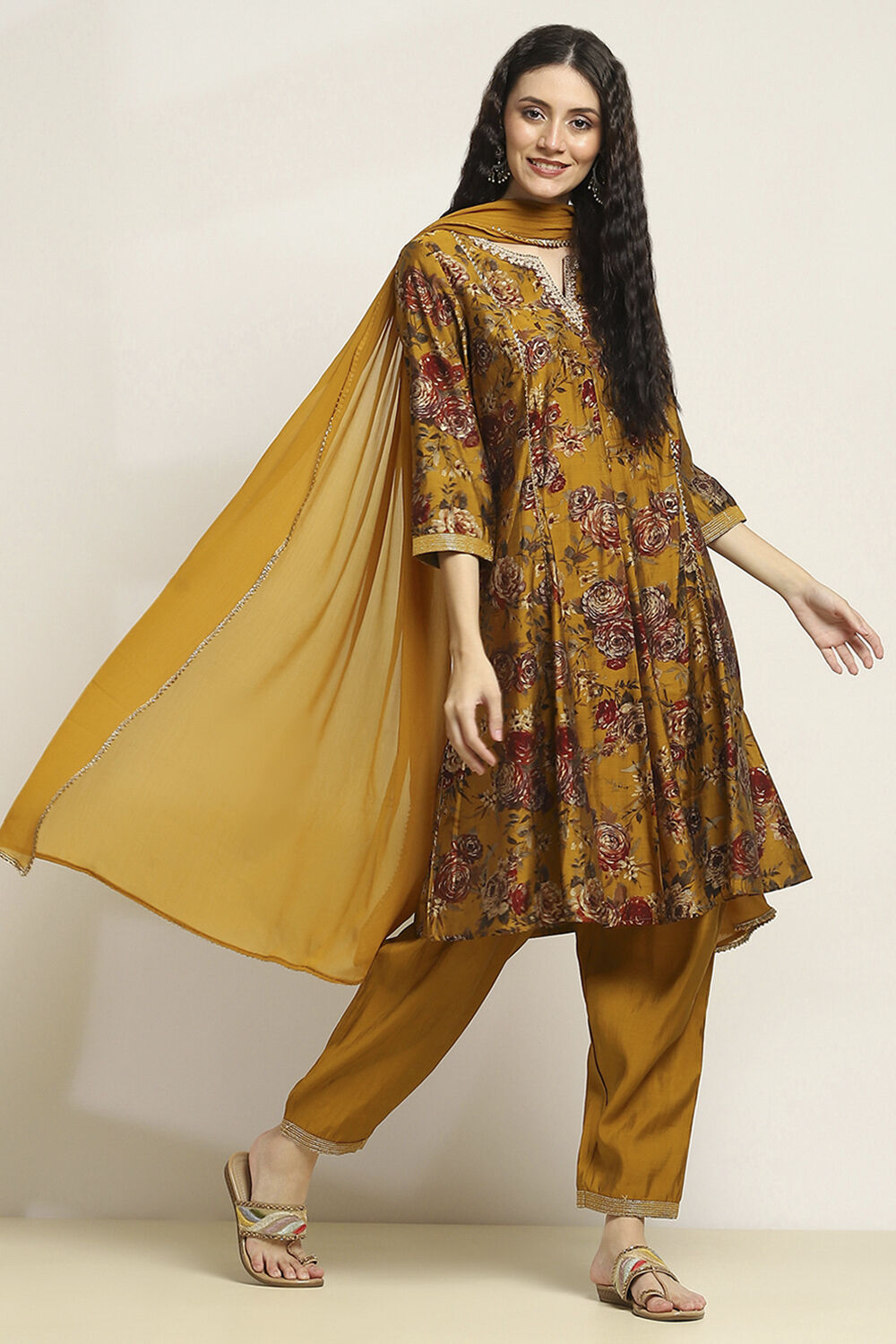 Mustard Viscose Blend Printed Kalidar Suit Set image number 5