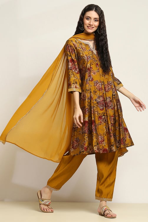 Mustard Viscose Blend Printed Kalidar Suit Set image number 5