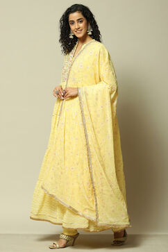 Yellow Polyester Gathered Printed Kurta Churidar Suit Set image number 4