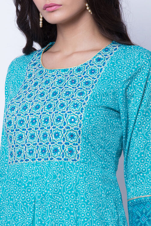 Turquoise Cotton Kalidar Kurta image number 1