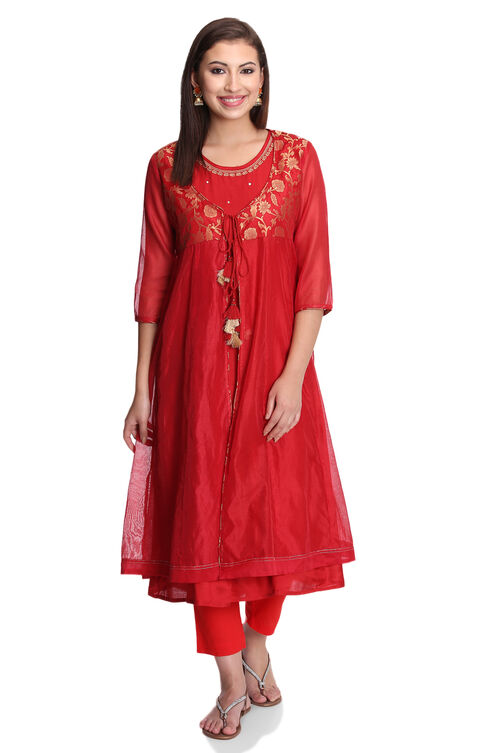 Red Kalidar Poly Cotton Kurta image number 0