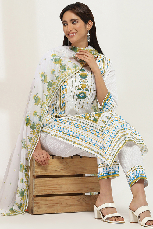White Cotton Printed Straight Suit Set image number 0