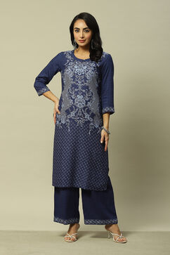 Blue LIVA Straight Printed Kurta Palazzo Suit Set image number 6