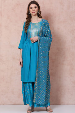 Teal Green Flared Printed Suit Set image number 0