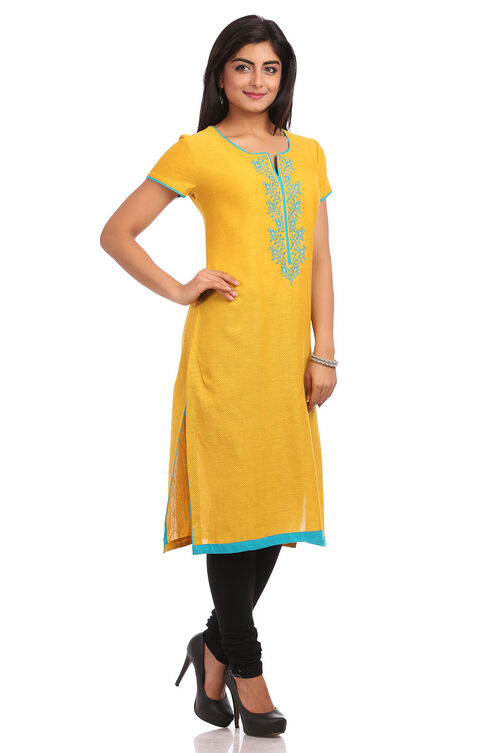 Mustard Straight Cotton Kurta image number 2