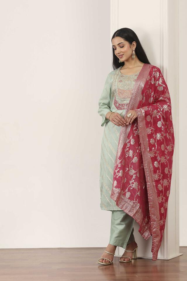 Rangriti Viscose Dyed Straight Festive Kurta With Pant And Dupatta in Sage Green