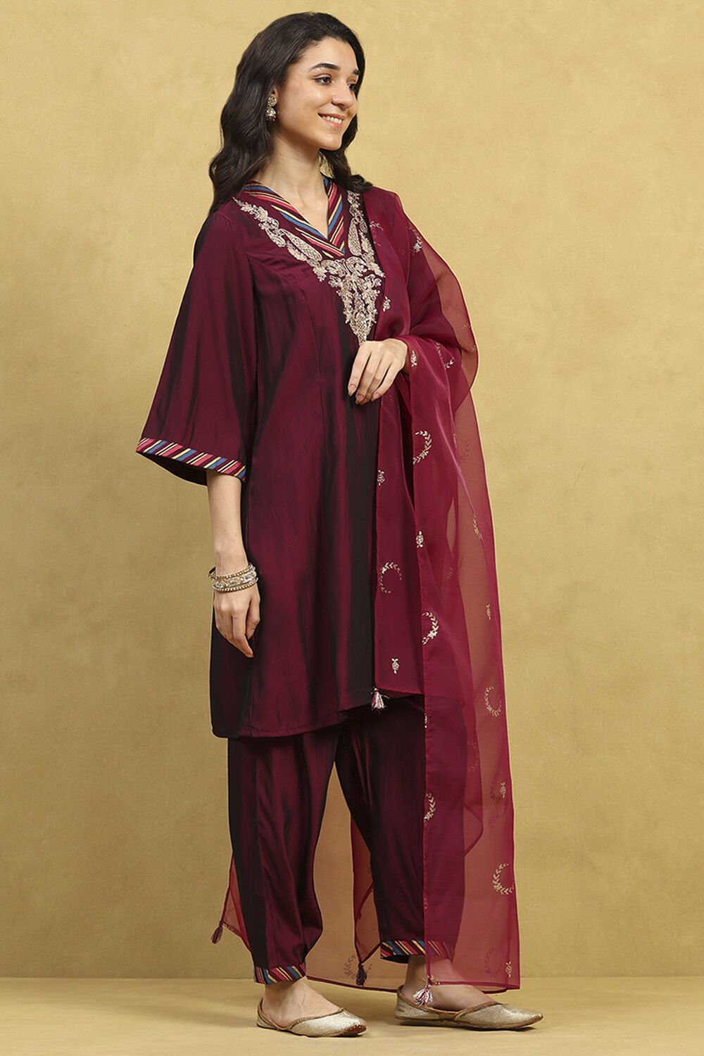 Wine Polyester Blend Embroidered A-Line Suit Set image number 5