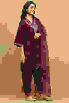 Wine Polyester Blend Embroidered A-Line Suit Set image number 5