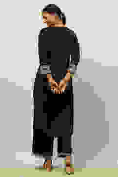 Black Viscose Shantoon Straight Embroidered Kurta Palazzo Suit Set image number 4