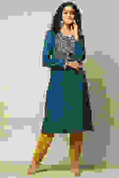 Teal Blue Acrylic Solid Kurta image number 5