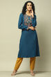 Teal Blue Acrylic Solid Kurta image number 5