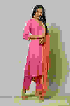 Pink LIVA Straight Printed Kurta Palazzo Suit Set image number 6