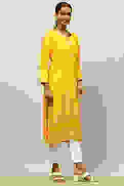 Yellow Rayon Printed Straight Kurta image number 4