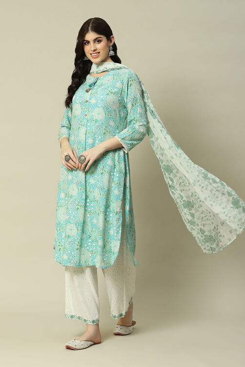 Mint Green Viscose Straight Printed Kurta image number 6