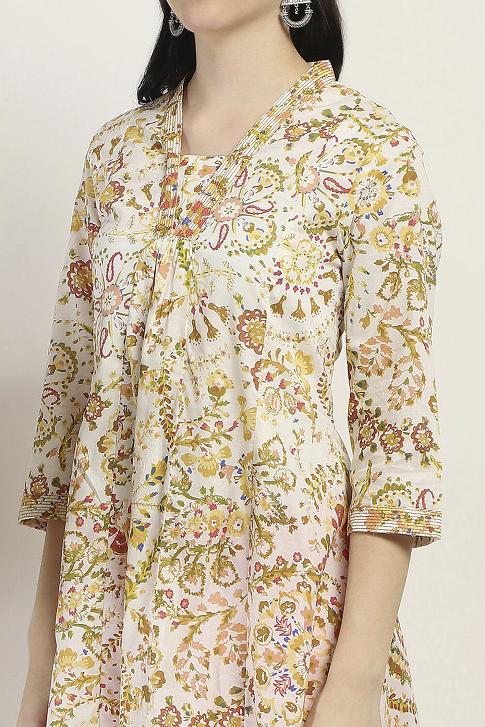 Yellow Cotton Printed Kalidar Kurta image number 1