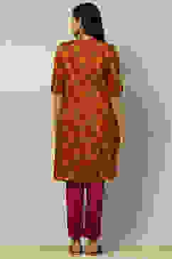 Mustard Yellow Floral Printed Straight Kurta image number 3