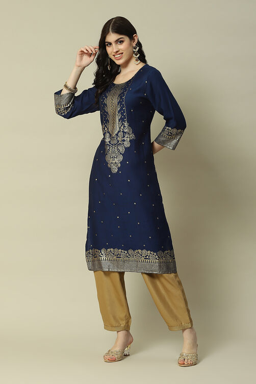 Navy Blue LIVA Blend Straight Printed Kurta image number 0