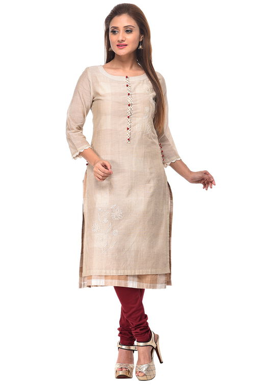 Beige A-Line Cotton Kurta image number 0