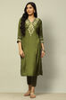 Olive Green Embroidered Viscose Shantoon Straight Kurta image number 5