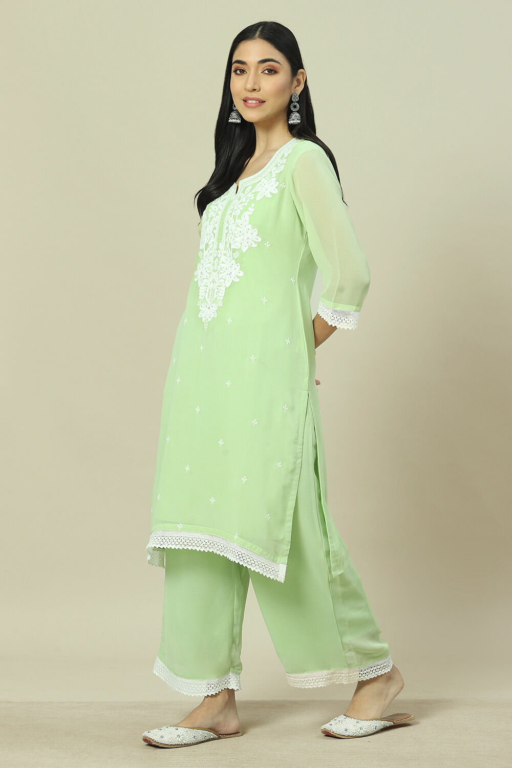 Lime Green Cotton Blend Straight Kurta image number 2