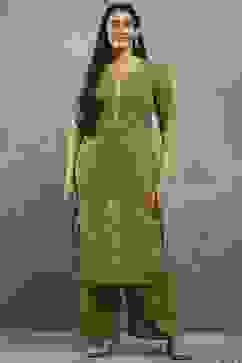 Green Polyester Straight Kurta Pants Set image number 6