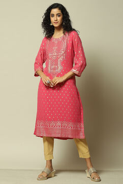 Pink Polyester Straight Printed Kurta image number 0