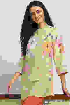 Lime Green Floral Printed Short Kurta image number 6