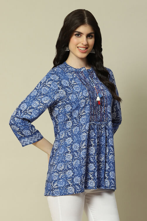 Blue Viscose Straight Printed Top image number 3