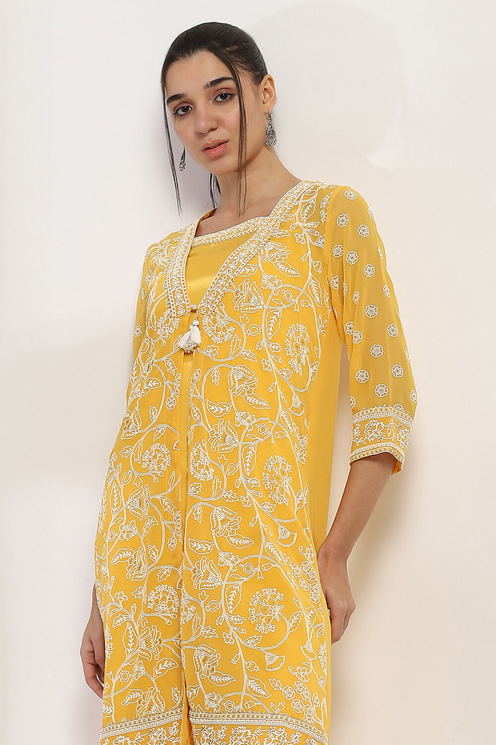 Mustard Yellow Printed Front-Open Kurta image number 7