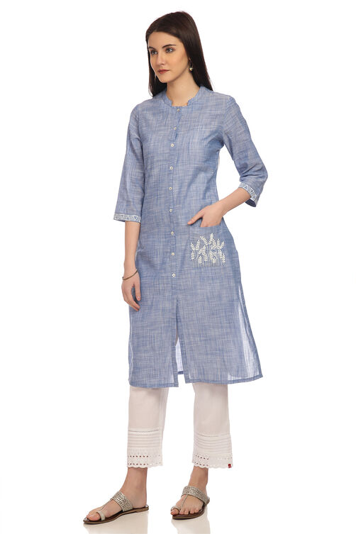Blue Straight Cotton Kurta image number 2
