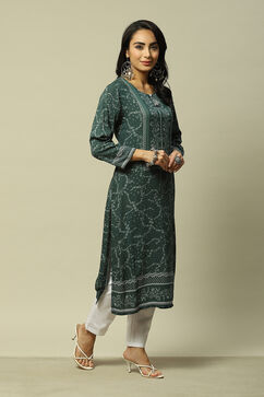 Green LIVA Straight Printed Kurta image number 4