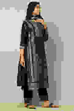 Black Viscose Blend Yarn Dyed Straight Festive Suit Set image number 5