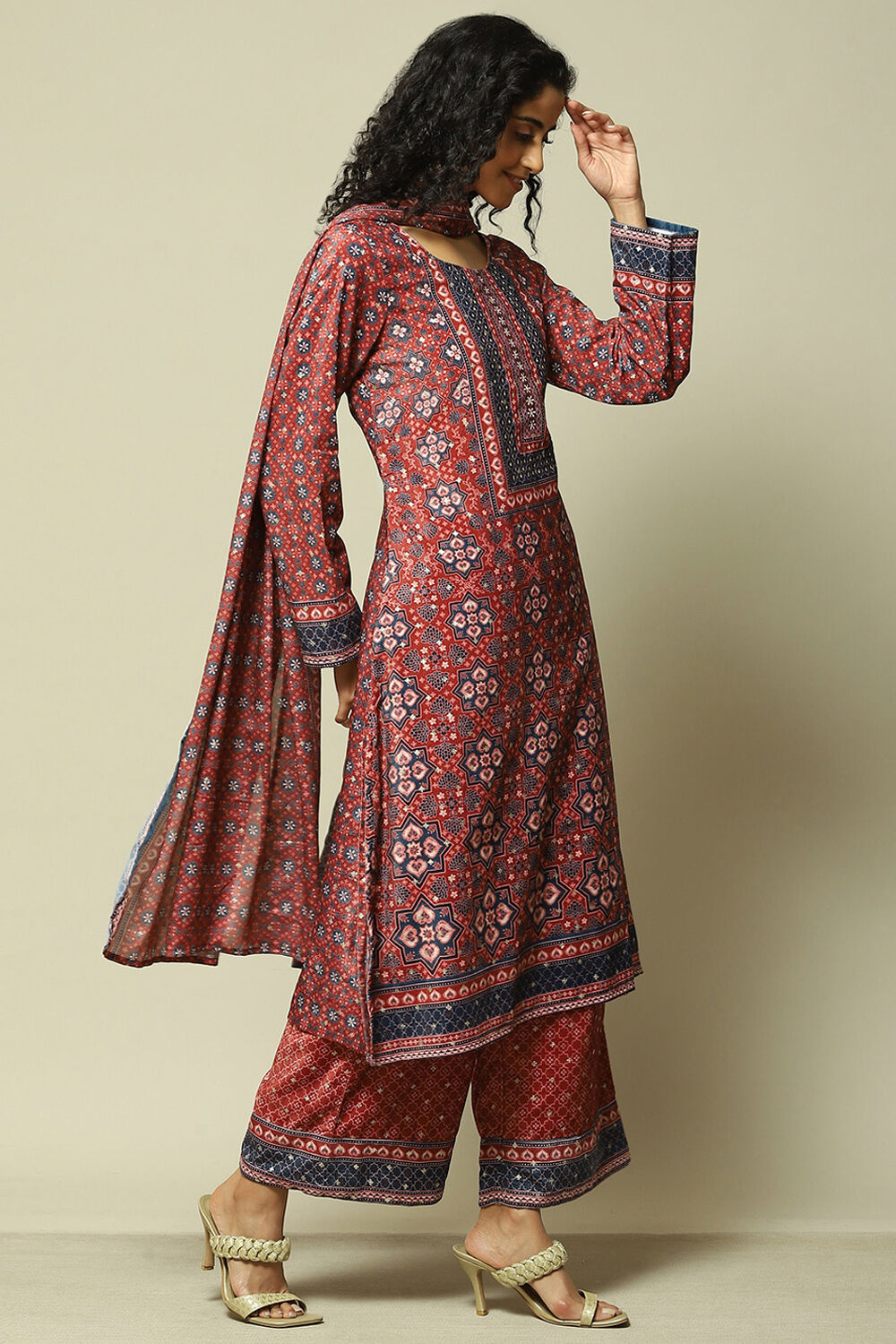Maroon Polyester Straight Printed Kurta Palazzo Suit Set image number 6