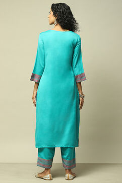 Teal Poly Viscose Straight Yarndyed Kurta Palazzo Suit Set image number 5