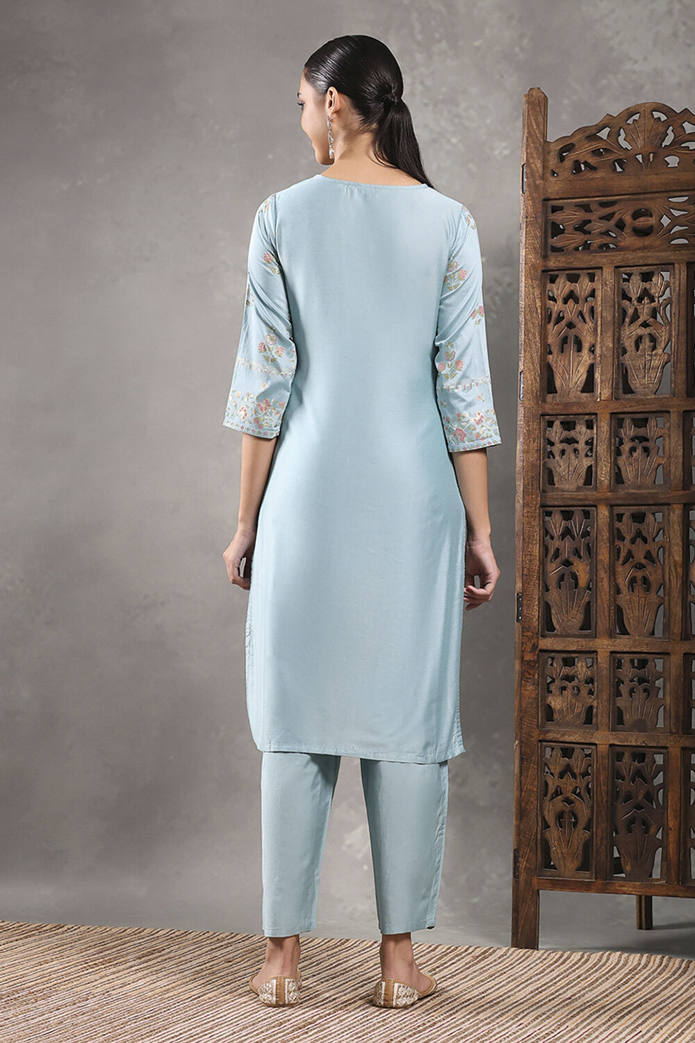 Aqua Viscose Blend Printed Straight Suit Set image number 3