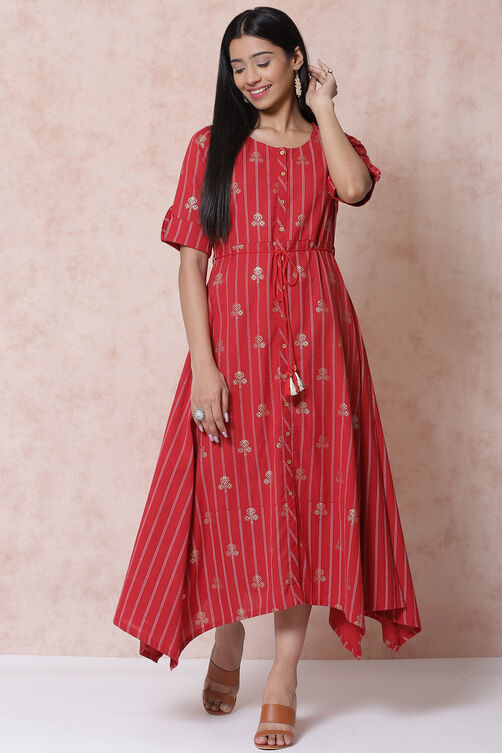 Red Cotton Flax Asymmetric Dress image number 0