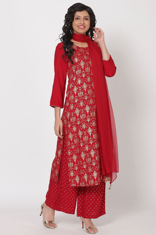 Red Viscose And Rayon Straight Suit Set image number 3