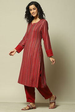 Red Acrylic Straight Yarndyed Kurta Palazzo Suit Set image number 3