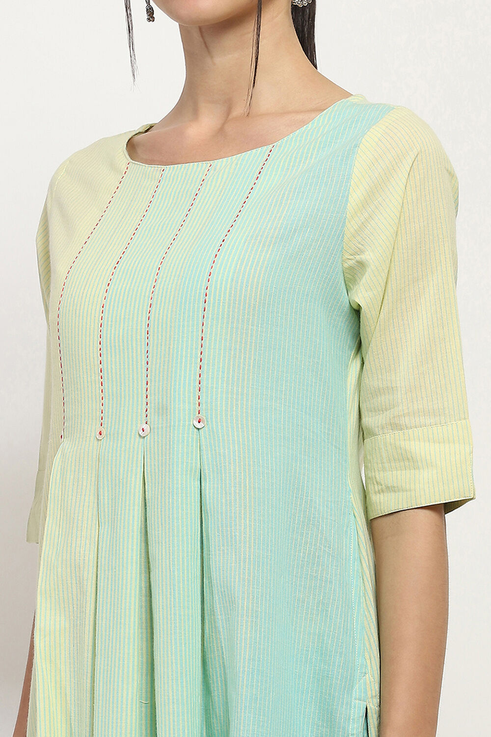Lime Green Cotton Pleated Straight Kurta image number 1