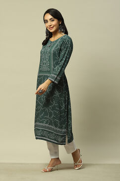 Green LIVA Straight Printed Kurta image number 2